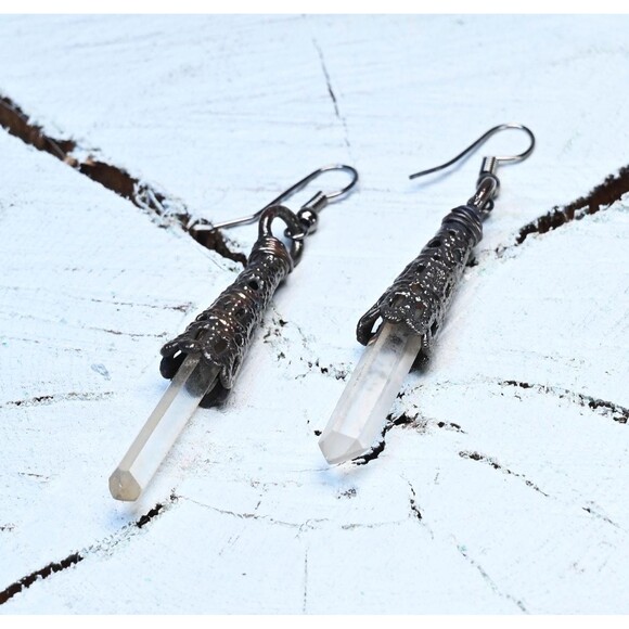 Tangerine Quartz Crystal Filigree Copper Electroformed Earrings - Picture 1 of 2